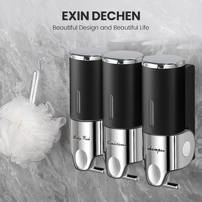 Shampoo and Conditioner Dispenser,Dispensers for The Shower,Shower Soap Dispenser 3 Chamber No Drill,Shampoo Conditioner Body Wash Dispenser Wall Mount for Bathroom(Triple x 17.6 oz,Black)