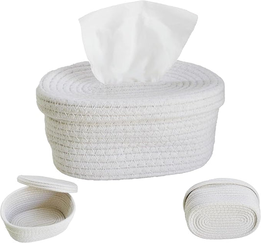 2 Pack Modern White Woven Tissue Box Cover - Decorative Tissue Holder for Bathroom Countertop, Living Room Table, Office Desk, Bedroom Dresser and Night Stand