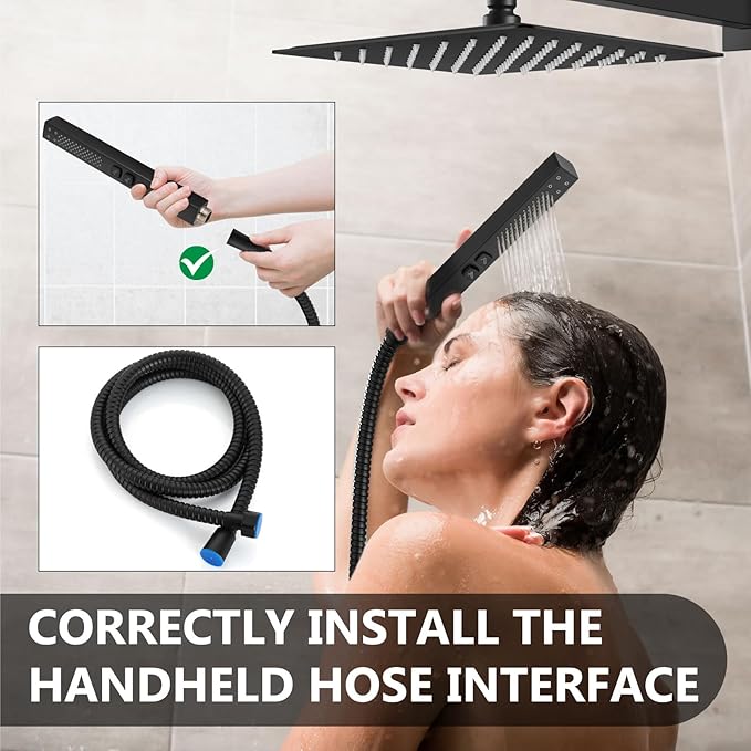 Shower Faucet Set Rainfall Shower System with Square Showerhead and Handle Set Fixture with 2 in 1 Function Handheld Sprayer Wall Mounted Trim Repair Kit Rough-in Valve 10 Inch Matte Black