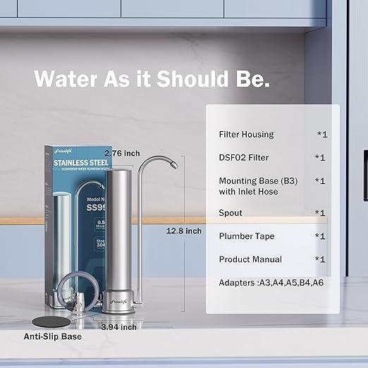 Frizzlife SS99 Countertop Water Filter System, NSF 42&372 Certified 6-Stage Stainless Steel Water Filter for Sink Faucet Reduces 99.99% Lead, Chlorine, Heavy Metals, 8000 Gallons (1 Filter)