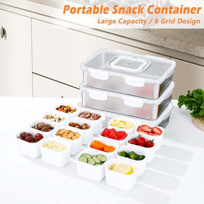 Snackle Box Container,Dishwasher Safe Snack Tray with Lid,Stainless Steel Divided Serving Tray with Lid,8 Compartments with Transparent Lids,Perfect for Travel Party
