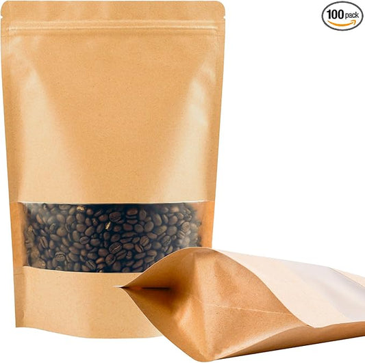 100PCS Kraft Paper Bags with Window(6.3" X 10.2"), Resealable Paper Bags for Food Storage, Stand Up Treat Bag Reusable for Candy, Cookie, Heat Seal Paper Bag for Small Business