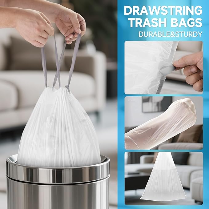 8 Gallon Trash Bags Drawstring- 90 Counts Medium Trash Bag Extra Strong, Medium Garbage Bags 8 Gallon Unscented, Stretchy, Quick Cinch for Office Kitchen, White
