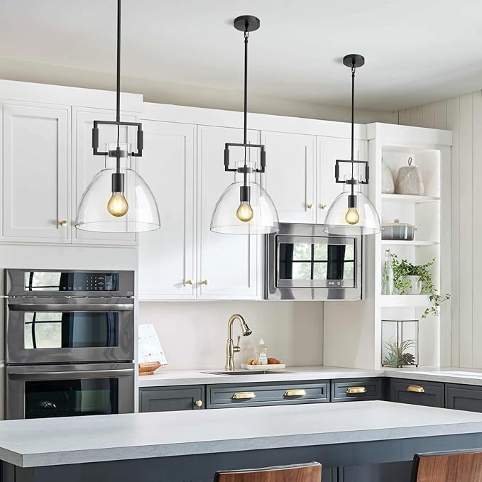 Mondern Large Black Kitchen Island Pendant Light, 10 '' W 1-Light Glass and Brass Island Pendant Lights,Farmhouses Pendant Light, for Kitchen,Dining Room,Bathroom