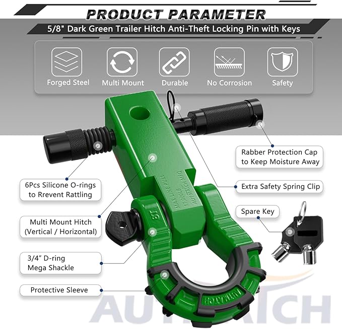AUTMATCH Shackle Hitch Receiver 2" with 3/4" Mega D Ring Shackle and 5/8" Trailer Hitch Lock Pin, 68,000 Lbs Break Strength Heavy Duty Receiver Towing Kit for Off-Road Vehicle Recovery, Dark Green