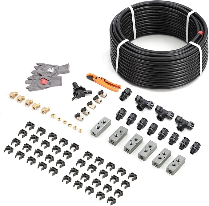 Compressed Air Line Kit 1/2" x 200ft 5-Ways Out Black HDPE Aluminum Air Compressor Piping for Garage LeakProof&Easy to Install Air Hose Kit Air Compressor Accessories 200PSI