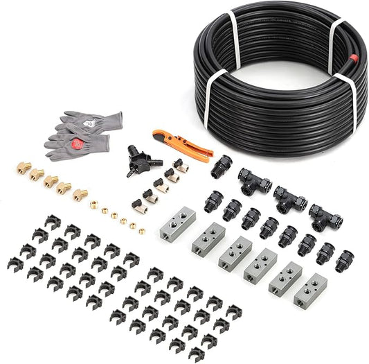 Compressed Air Line Kit 1/2" x 200ft 5-Ways Out Black HDPE Aluminum Air Compressor Piping for Garage LeakProof&Easy to Install Air Hose Kit Air Compressor Accessories 200PSI