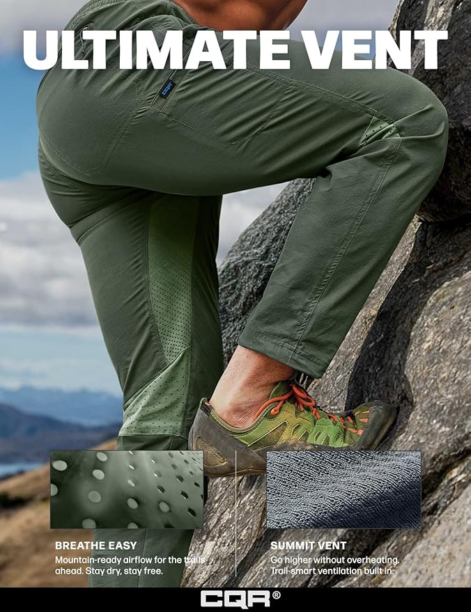CQR Men's Lightweight Vent Hiking Pants, Water-Resistant & Breathable Sports Outdoor Athletic Pants with Elastic Waist
