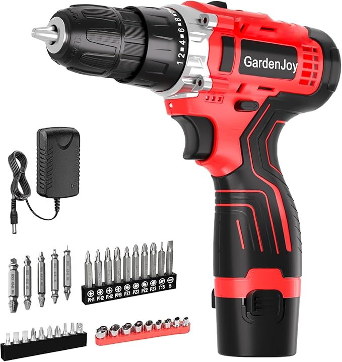 GardenJoy Cordless Power Drill Set: 12V Electric Drill with Battery and Charger, 34pcs Acessories, 3/8"Keyless Chuck, 2 Variable Speed, 24+1 Position, Compact Drill Driver Kit for Home & DIY Project