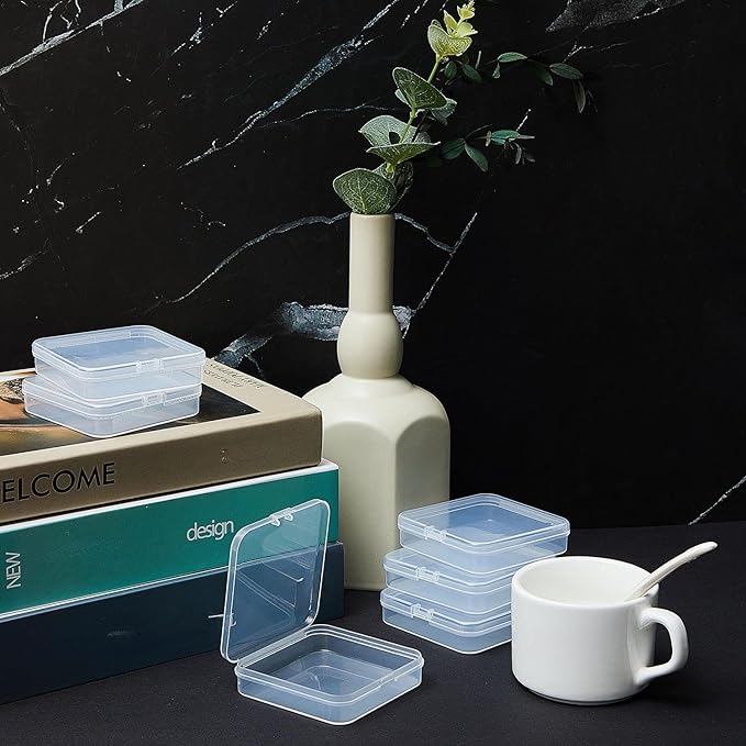 SATINIOR 24 Packs Small Clear Plastic Beads Storage Containers Box with Hinged Lid for Storage of Small Items, Crafts, Jewelry, Hardware (2.76 x 2.76 x 0.67 Inches)