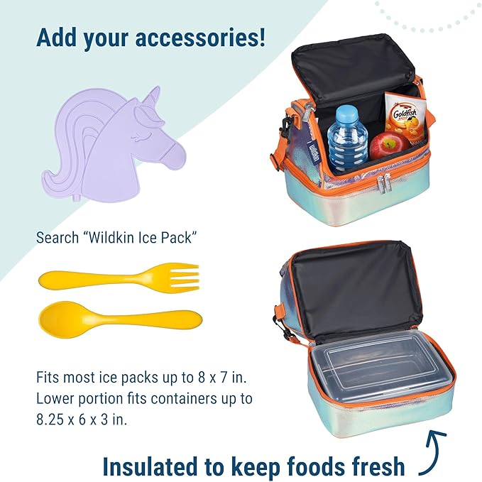 Wildkin Two Compartment Insulated Lunch Bag for Kids – School & Travel Ready - Orange Shimmer