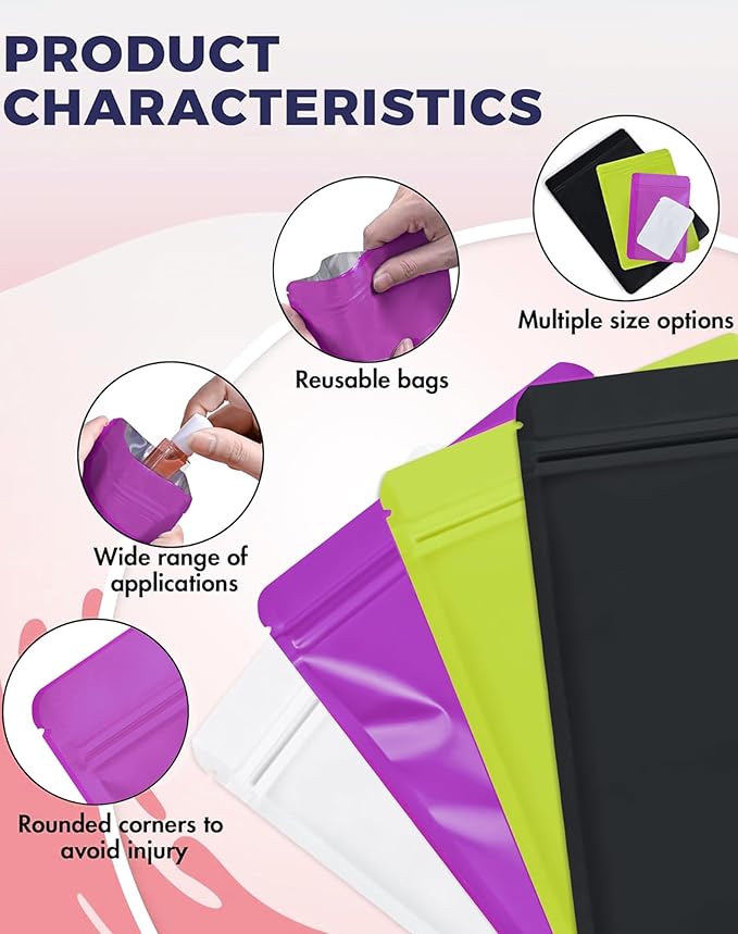 FireKylin 100 Pack Resealable Packaging Bags for Small Business Double-Sided Color Smell Proof Bags for Food Storage Flat Bags (Purple, 4" x 6")