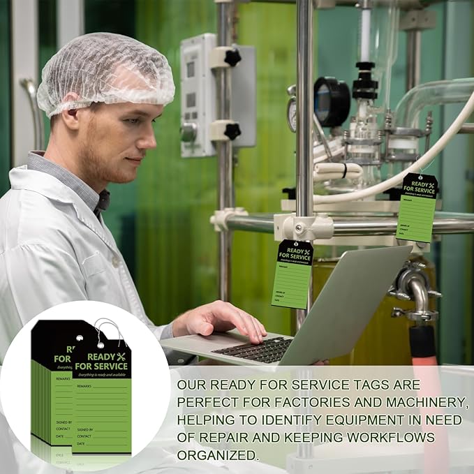 100PCS Ready for Service Tags 3" x 5 3/4" Service Repair Tags with Wire Service Tags for Equipment Black and Green Service Tags for Required Examination Production Status Notice Tags Cardstock