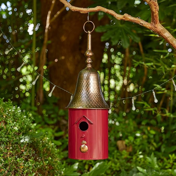 Glitzhome 24" H Metal Hanging Birdhouse for Outdoors, Farmhouse Pagoda Painted Decorative Bird House with Bell Roof for Bluebird Wren Chickadee Sparrow Bird Nest Box for Garden Patio, Retro Red