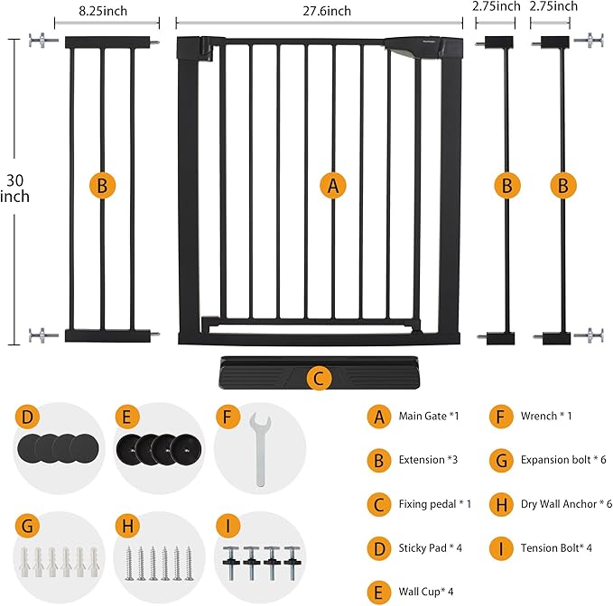 Mumeasy Baby Gate for Stairs - 29.6-46" Auto Close Dog Gate for Doorways, Extra Wide Child Gate Indoor, Walking Through Safety Gate for Kid, Pet Gates No Drilling Black, Mom's Choice Awards Winner
