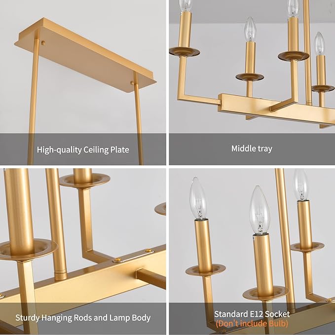 48-Inch Rustic Gold Linear Chandelier,Extra Long Candle Chandelier,Gold Light Fixture for Dining Room Living Room Kitchen Island, Modern Rectangular Chandelier(10-Light,Bulbs Not Included)
