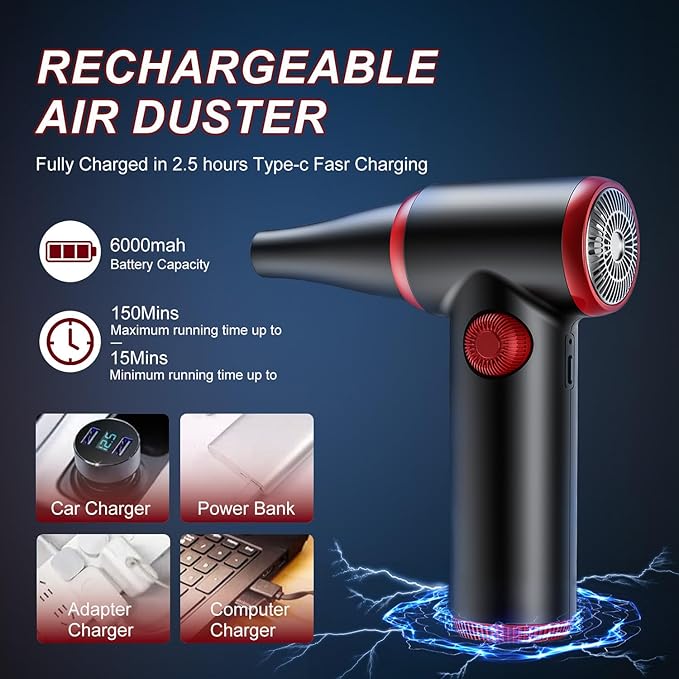 ATEngeus Compressed Air Duster, Stepless Speed Electric Air Duster, 100500RPM Cordless Air Duster with LED Light, Rechargeable Air Blower Replaces Canned Air, Keyboard Cleaner for Laptop, PC