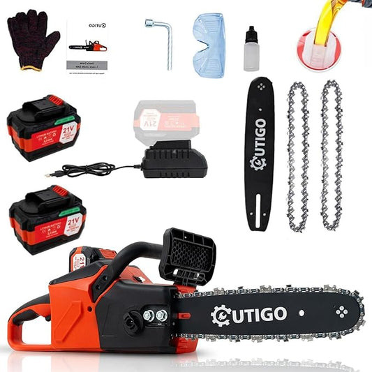 Cordless Electric Chainsaw, 1000W Brushless Chainsaw 12-Inch with 2×21V Batteries, 2 Replacement Chains & 1 Guide Bars & Charger, Bettery Electric Suit for Wood Cutting Trimming Branch