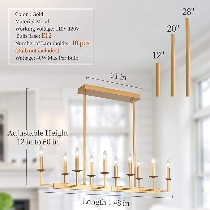 48-Inch Rustic Gold Linear Chandelier,Extra Long Candle Chandelier,Gold Light Fixture for Dining Room Living Room Kitchen Island, Modern Rectangular Chandelier(10-Light,Bulbs Not Included)