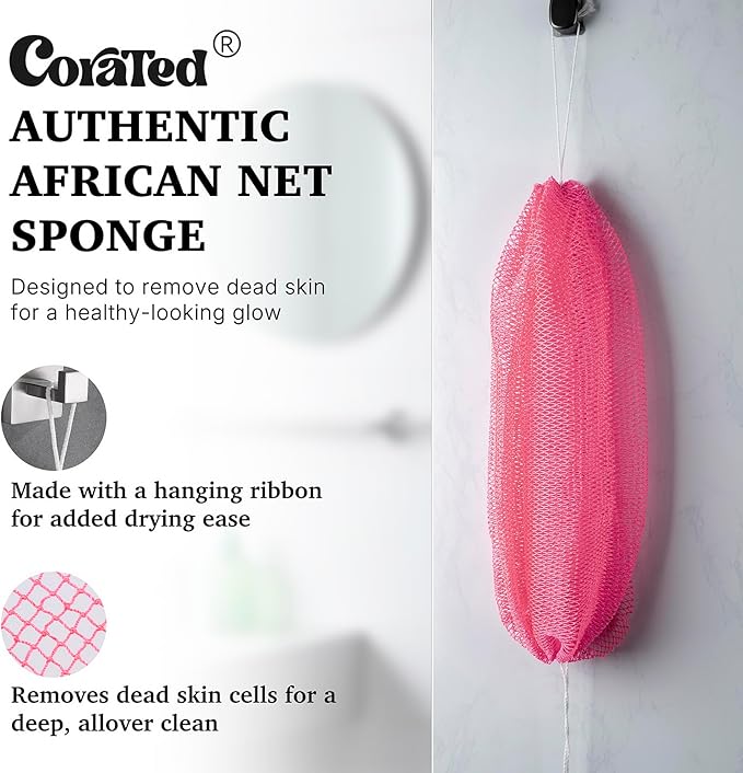 CORATED African Net Sponge Authentic, Shower Loofah Exfoliating Bath Sponge, Body Scrubber for Women and Men Daily Use Body Care, Travel Portable, Durable Bath Accessories for Bathroom (Pink & Blue)