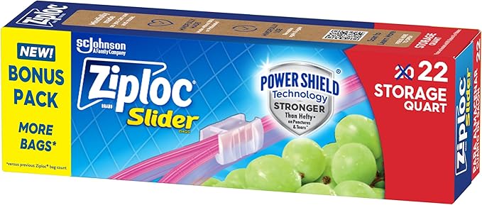 Ziploc Quart Food Storage Slider Bags, Power Shield Technology for More Durability, 22 Count