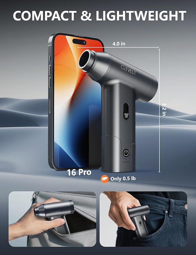 CLEVAST Compressed Air Duster – Super Power Cordless Electric Mini Air Blower, 130,000 RPM Brushless Motor, Stepless Speed Control, Rechargeable for PC, Keyboard, Car, Electronics Cleaning Kit