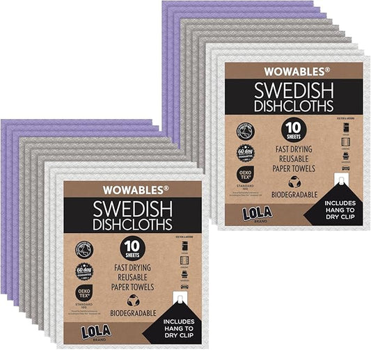 LOLA Swedish Dishcloths 20 Pk Biodegradable Reusable Paper Towels Absorbent Cellulose Kitchen Sponge Cloths Zero Waste Odor Free, Made in Germany