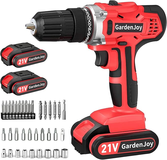 GardenJoy 20v Cordless Drill Set, Power Electric Kit 2 Batteries With Charger 30Nm 2-Speed 3/8" Keyless Chuck 24+1 Torque Drill Driver screwdriver Bits with LED Electric Work Light for MEN DIY