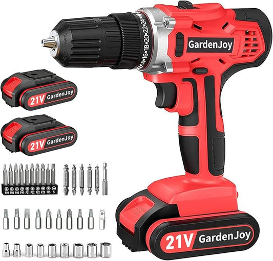 GardenJoy 20v Cordless Drill Set, Power Electric Kit 2 Batteries With Charger 30Nm 2-Speed 3/8" Keyless Chuck 24+1 Torque Drill Driver screwdriver Bits with LED Electric Work Light for MEN DIY