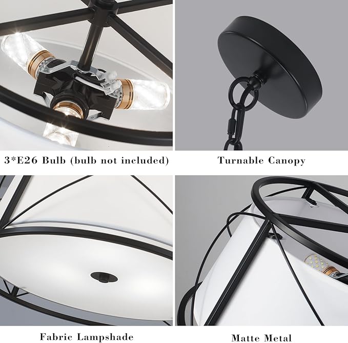 15.7" Drum Chandeliers for Dining Room, Black Modern Chandelier with White Fabric Shade for Bedroom Kitchen Islands Living Room