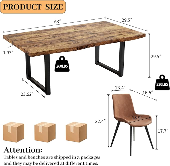 63" Dining Table Set for 6, MDF Board Kitchen Table Set with 6 PU Leather Dining Chairs, Mid-Century Kitchen and Dining Table Set of 7, Saving Space