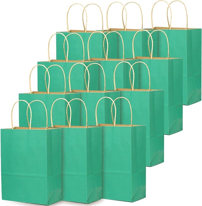 qiqee 32-Packs Mint Green Paper Gift Bags with Handles Bulk 8.26"×6"×3.15" Small Size Gift Bags Multiple Uses