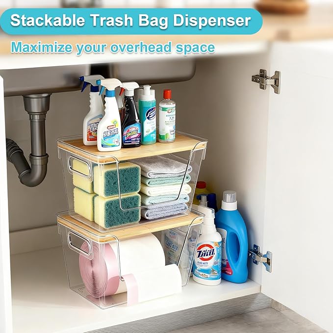 2-Pack Trash Bag Holder with Bamboo Lid, Acrylic Stackable Trash Bag Dispenser for 13/30/33 Gal Bags, Large Garbage Bags Dispenser Holder for Kitchen Laundry Room Under Sink Organization