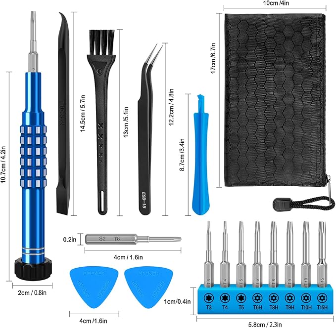 16Pcs Torx Screwdriver Set,T6 T8 Torx Screwdriver for Xbox Controller/PS3 PS4 PS5, T3T4T5T6T8T9T10T15 Crowbars,Tweezers,Cleaning Tool for Computer,Hard drive,Keyboard,Pocket Knife (16PCS)