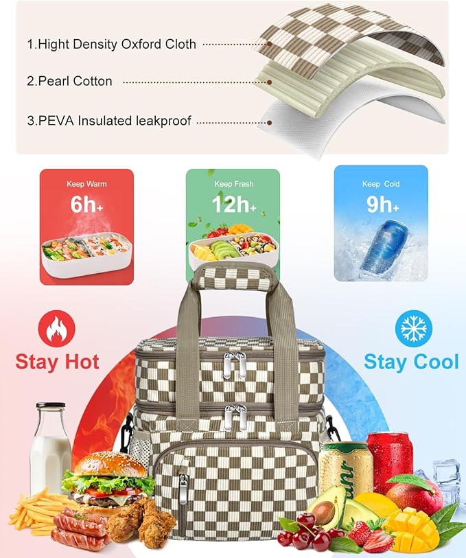 Lunch Box for Women, Double Insulated Lunch Bag Reusable Leakproof Cooler Bag Portable Picnic Food Bag, Adult Lunch Tote Lunch Bag for Work, Office, Travel, Beach - Corduroy Khaki Checkered