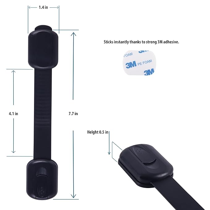 Child Safety Cabinet Locks (2 Pack) – Adjustable Baby Proofing Strap Latches with Strong 3M Adhesive – No Drill Childproof Locks for Drawers, Cabinets, Fridge, Door, Closet, Black