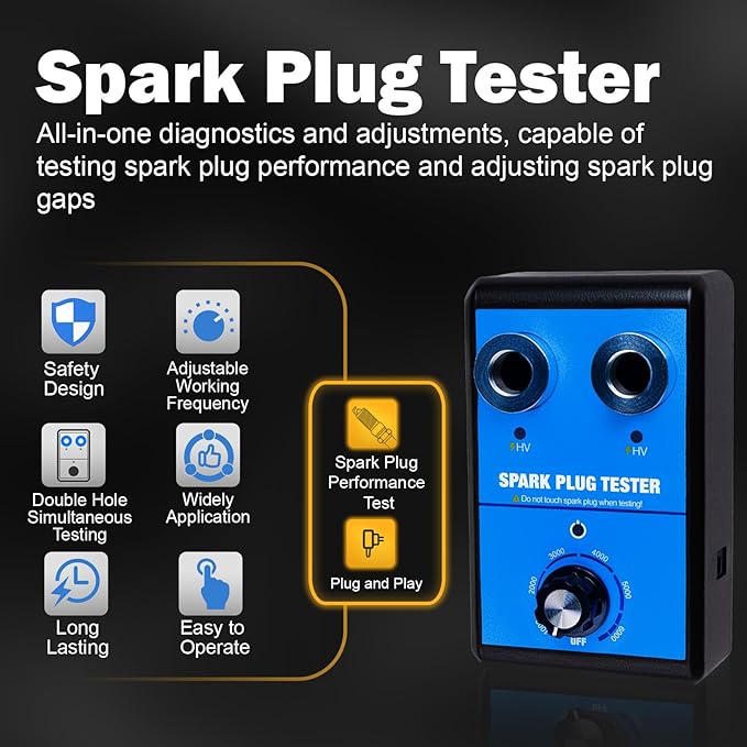 Spark Plug Tester & Spark Plug Gap Tool Kit 0 to 6000RPM with Double Hole Spark Plug Adjustable Gap Tool with Feeler Gauge Ignition Coil Tester for 12V Gasoline Vehicles Spark Plug Socket