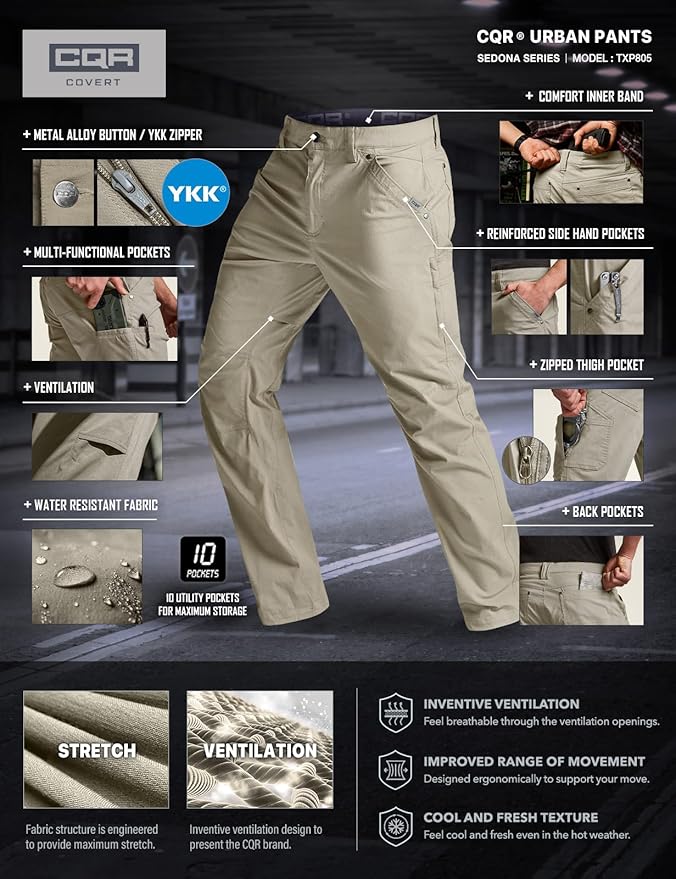 CQR Men's Vent Stretch Pants, Quick Dry Lightweight Casual Cargo Pants, Water Resistant Straight-Fit Utility Work Pants
