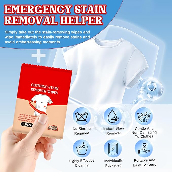 Stain Wipes, Stain Removal Wet Wipes Quick-Cleaning No Water Needed Gentle on Clothes Individually Packaged Compact and Portable for Travel Restaurant Office, 20Pieces