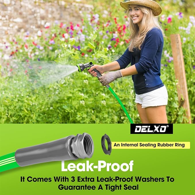 Delxo Garden Hose without Nozzle, 3/4 in. x 50 FT Non-Expanding Water Hose with Aluminum Alloy Interface, Heavy Duty Manguera Para Jardin, Water Pipe, Easy to Use for Gardening, Car Washing & Storage