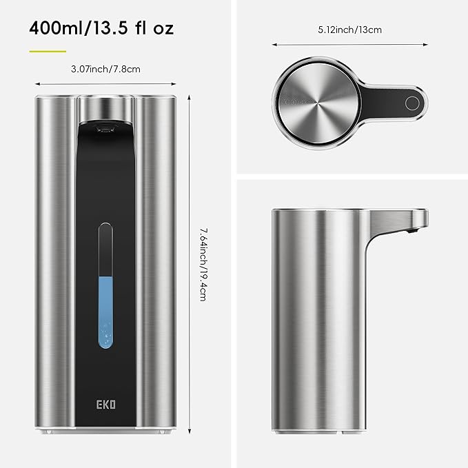 EKO Aroma Pro 13.5 fl oz Touchless Automatic Liquid Soap Dispenser, Rechargeable Hand & Dish Soap Dispenser for Bathroom and Kitchen Sink, Waterproof, Adjustable Volume Control (Stainless Steel)