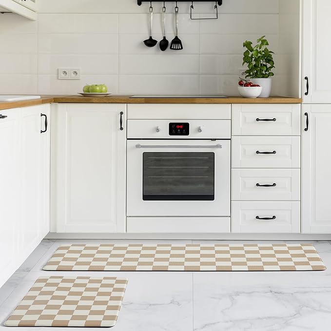 Checkered Kitchen Mats for Floor Set of 2, 2 Pcs Beige Khaki Cushioned Non Slip Runner Rugs for Kitchen/Sink/Laundry, Comfort Aesthetic Cute Anti-Fatigue Foam Floor Mat 17.3"x29.5"+17.3"x47.2"