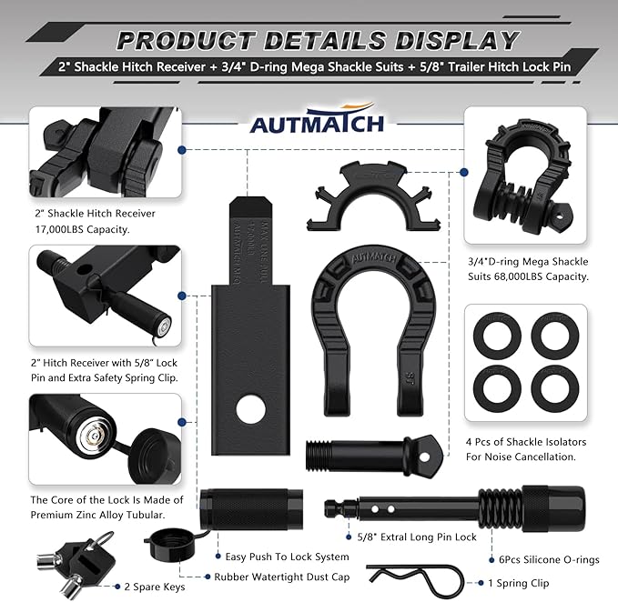 AUTMATCH Shackle Hitch Receiver 2" with 3/4" Mega D Ring Shackle and 5/8" Trailer Hitch Lock Pin, 68,000 Lbs Break Strength Heavy Duty Receiver Towing Kit for Off-Road Vehicle Recovery, Frosted Black