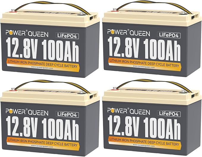 Power Queen 4 Pack 12.8V 100Ah LiFePO4 Battery, Built-in 100A BMS, Lithium Battery 1280Wh, Up to 15000+ Cycles, Support in Series/Parallel, widely used for Solar Home System, RV, Off-grid Life