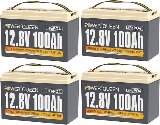 Power Queen 4 Pack 12.8V 100Ah LiFePO4 Battery, Built-in 100A BMS, Lithium Battery 1280Wh, Up to 15000+ Cycles, Support in Series/Parallel, widely used for Solar Home System, RV, Off-grid Life