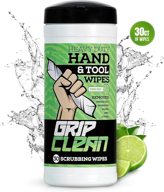 Grip Clean Heavy Duty Hand & Tool Cleaning Wipes – Waterless Hand Cleaner for Mechanics, Garage & Shop Use – Dual-Sided Grease, Oil & Paint Remover Wipes with Citrus Scent - 30ct (6 Pack)
