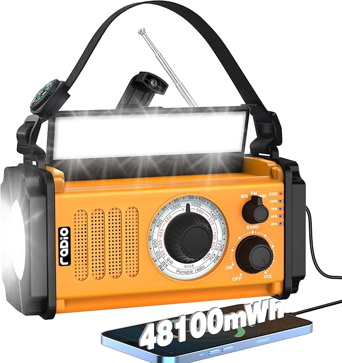 48100mWh Crank Emergency Weather Radio, Solar Hand Crank NOAA/AM/FM Radio, Portable Dynamo Radio, Flashlight & Reading Lamp,SOS,Earphone Jack, Compass for Hurricane Storm Camping Outdoor Survival Kit