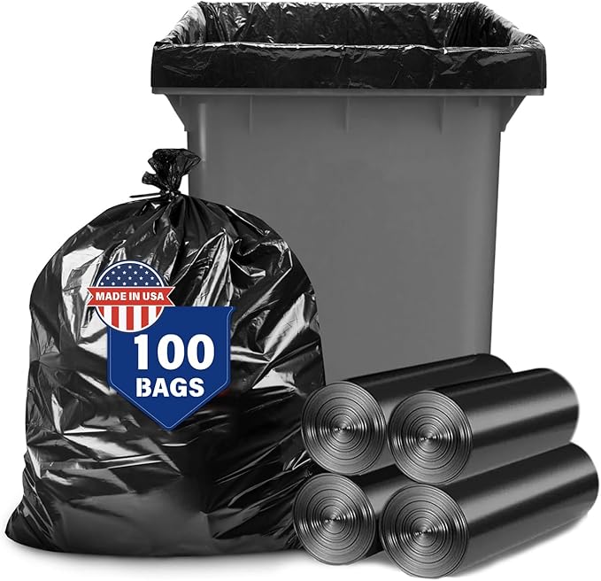 55-60 Gallon Trash Bags, 100 Count High Density Garbage Bags, Recycling Trash Can Liners, Sturdy & Tear-Resistant Large Black Plastic Bag for Kitchen Yard Outdoor Commercial Use, Lawn Leaf Waste Bags