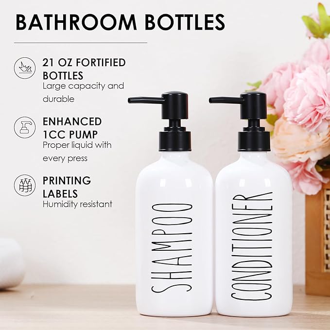 HOMCDALY Shampoo and Conditioner Dispenser Set of 3, 21oz Shower Soap Bottles with Pump, Refillable Shampoo Conditioner Body Wash Dispenser, Bathroom Shower Shampoo Bottles, shampoo container(P-White)