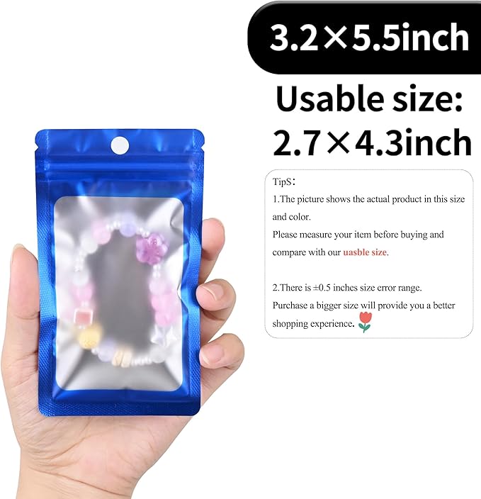100 Pack Resealable Plastic Bags for Food Storage, Zipper Bags with Clear Front Window, Packaging Pouch for Small Business (Blue, 3.2x5.5 inch)